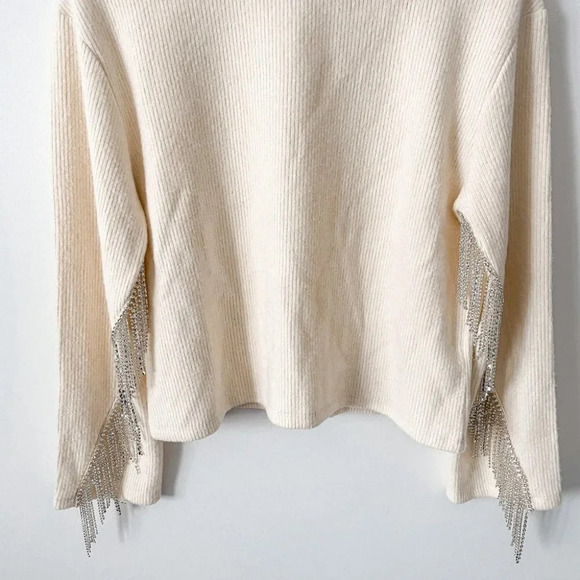Zara Rhinestone Soft Knit Round Neck Sweater Ecru White  Size Medium NWT - Picture 7 of 14